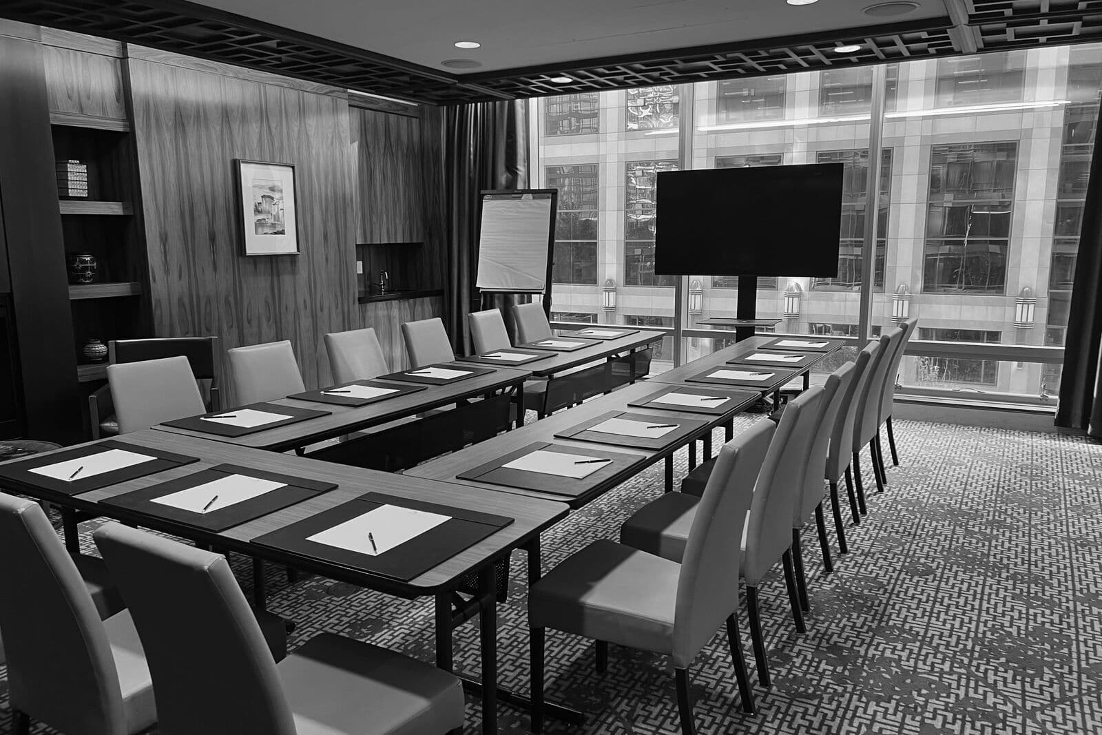 An executive boardroom set for a working session